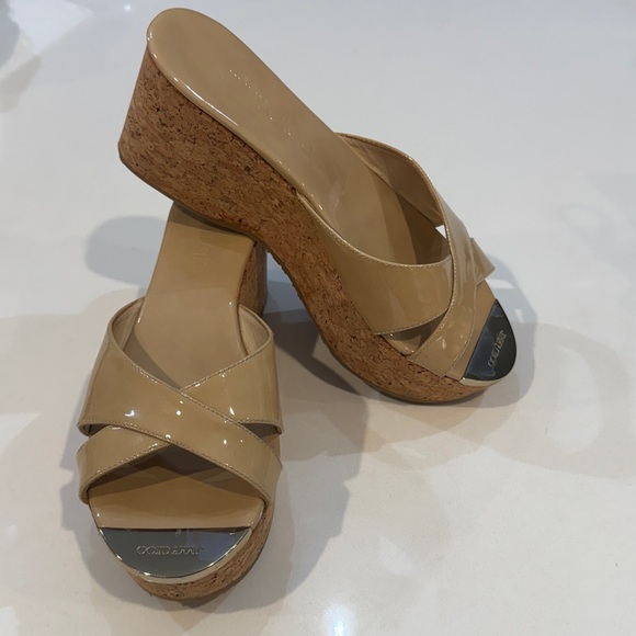 Jimmy Choo Prima Nude Patent Leather Cork Wedge Slide Sandals. Size 37 1/2 - Picture 6 of 15
